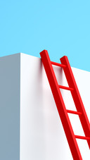 The red ladder leans against the cube