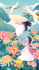 Flowers And Cranes Surround The Girl