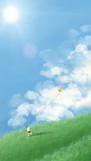 Illustration of flying kites on the grass