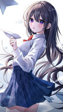 A Girl in a Blue Skirt Playing with a Paper Plane