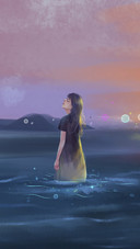 Lonely Girl Standing in Sea