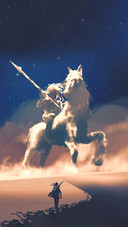 A Girl Walking on Desert to the Giant Horseman-Shaped Storm