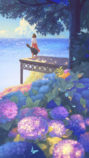 Girl with Cello Standing by Sea