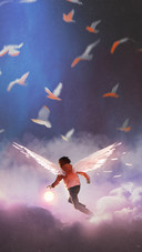 A Boy with Angel Wings Running Through Group of Birds