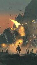 A Man walking into A Mysterious Land with A Giant Skull