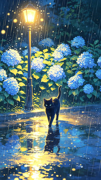 绣球花下 猫与月光