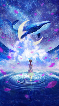The girl gazes at the sky whale
