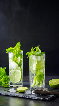 Lime slices and ice cubes on a dark background
