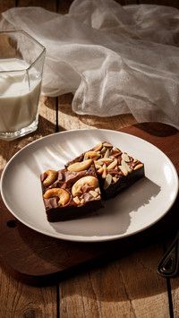 Almond and cashew nuts chocolate brownie on wooden table