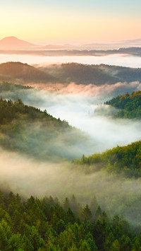 Clouds and mist surround the mountains
