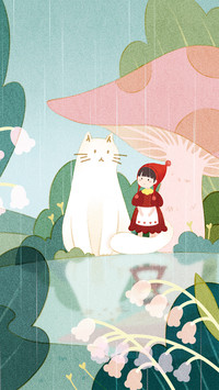 A girl and a cat taking shelter from the rain together