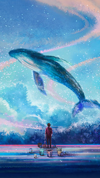 A young girl draws whales swimming in the clouds
