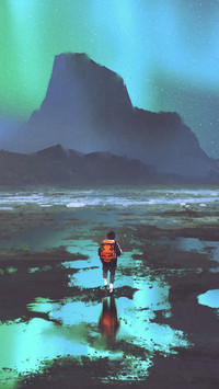 night scenery of hiker with backpack looking at mountains and colorful light in the sky