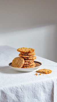 Stack of homemade oat cookies with shadows