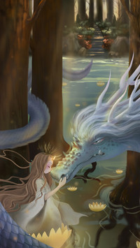 Girl Stroking The White Dragon's Head