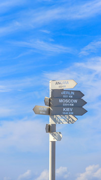 Sign indicating the directions and distances to major cities