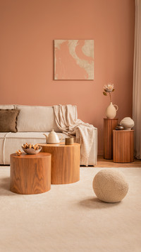 Warm and cozy living room interior with mock up poster frame
