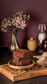 Food photography of brownie, milk, dessert