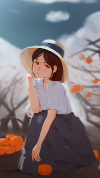 Cute Girl in A Hat Squats on The Ground
