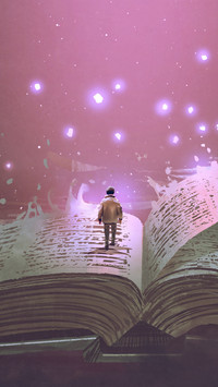 Boy standing on the opened giant book with fantasy light