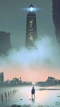 night scenery of the big lighthouse in futuristic world, digital art style