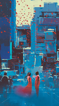 couple in red standing in blue city with digital art style