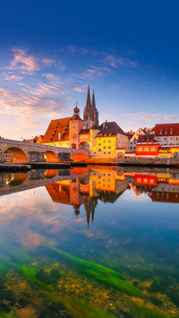 Regensburg, Germany with Old Stone Bridge over Danube River