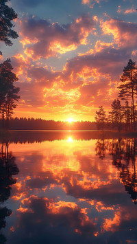 Silhouettes of trees by the lake