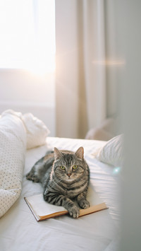 Cute grey tabby cat lying on bed and sleeping