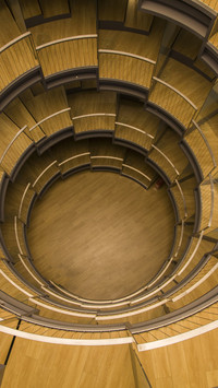 Top-down view of a modern wooden staircase