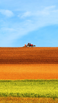 French tractors drive through fields with bright colors