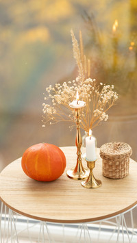 Harvest Time: Fresh Pumpkin, Candles, and Basket of Delights