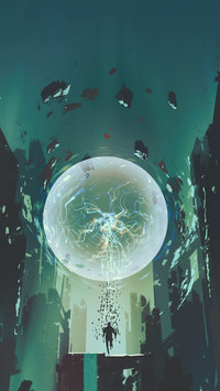 Lightning ball and geometry in the form of human with building background