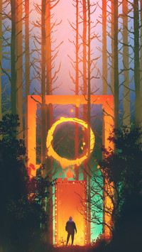 man in the enchanted forest with fantasy gate