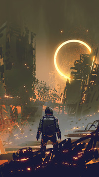 astronaut standing in a burnt city