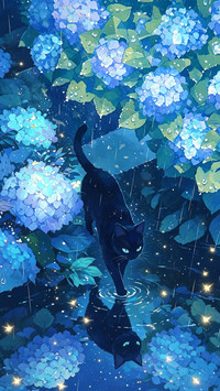 绣球花下 猫与月光