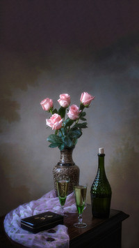 Still life with bouquet of delicate pink roses