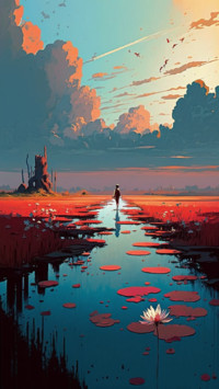 Lake at sunset with a man