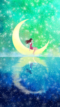 The young girl sits in the month, blowing stars across the s