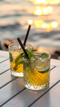 Two glasses of mojito with lime and mint on a white table