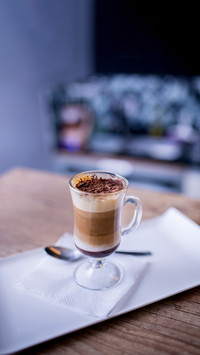 View of mocha latte cappuccino latte coffee with chocolate