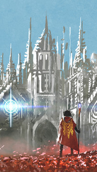 knight in front of gothic buildings