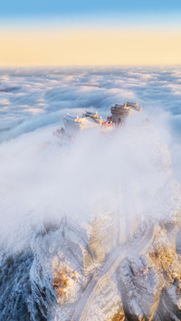 Aerial view of fog and snow on Fanjing Mountain in winter