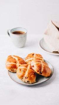 Traditional English Easter Hot Cross Buns on a plate