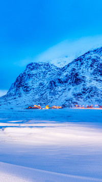 Snowy dusk above the Arctic Circle in Lofoten Islands