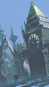 Man looking at the clock tower in sci-fi city
