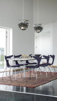 Dining area with modern chairs on ethnic rug below