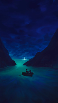 A small boat flanked by two cliffs in the green sea