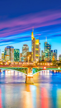 View of Frankfurt city skyline in Germany at sunset