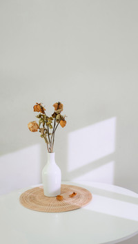 Modern living room with ceramic vase, wooden mat